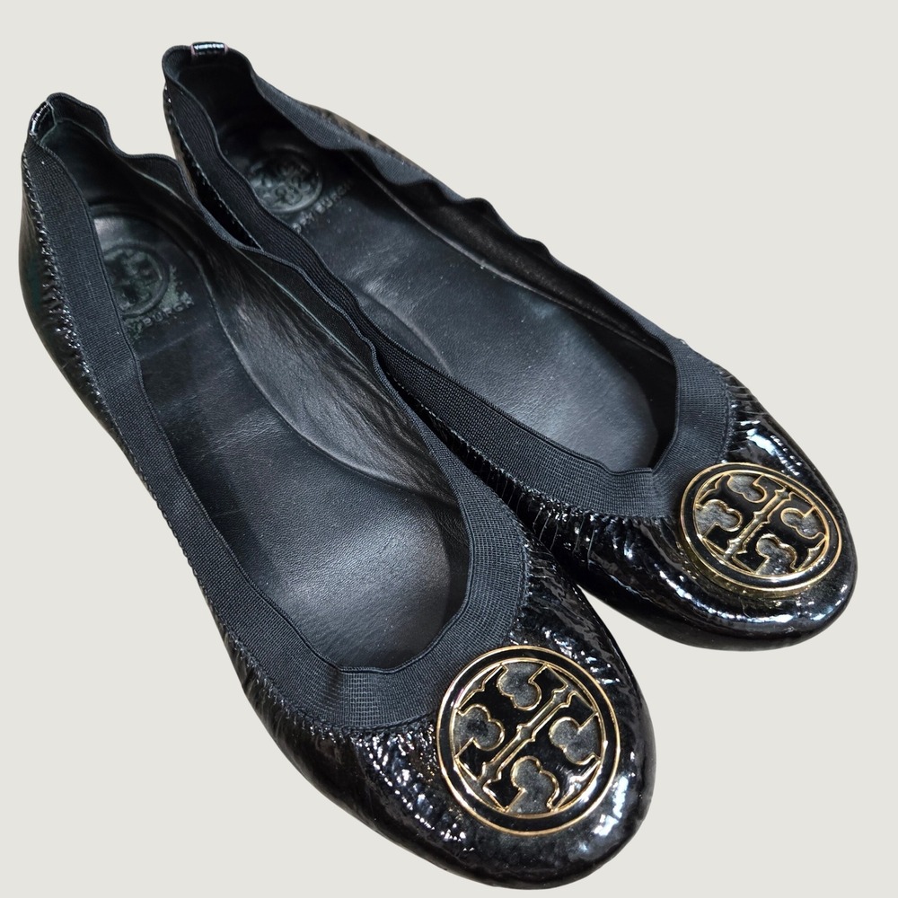 Tory Burch Reva Black Patent Leather Gold Logo Ballet Flats 9.5M Business Casual